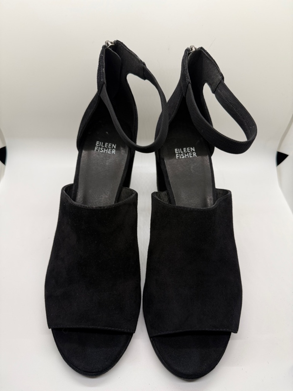 Eileen Fisher Black Suede Open-Toe Ankle-Heel Sandals